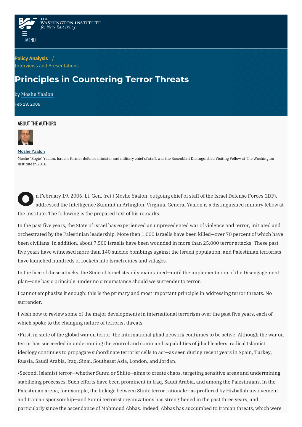 Principles in Countering Terror Threats | the Washington Institute