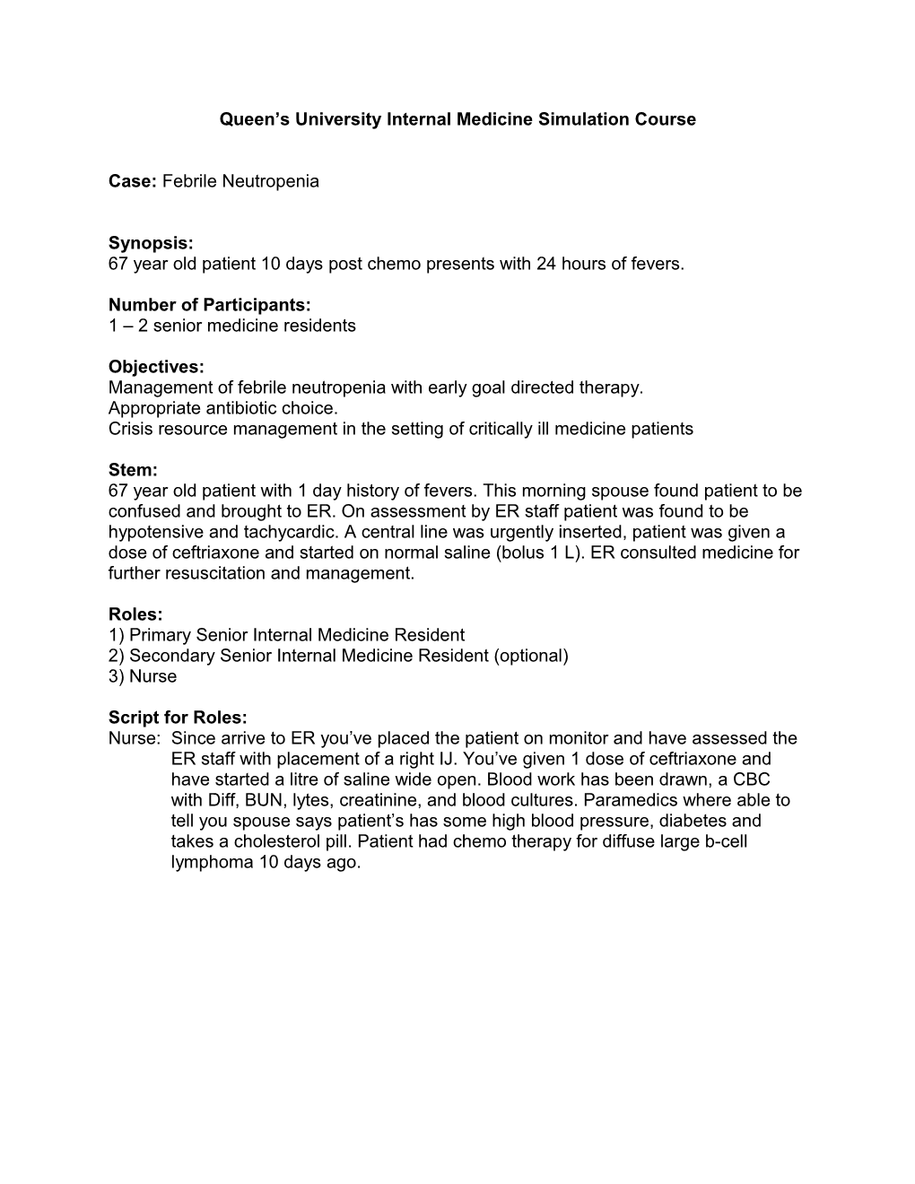 Queen S University Internal Medicine Simulation Course