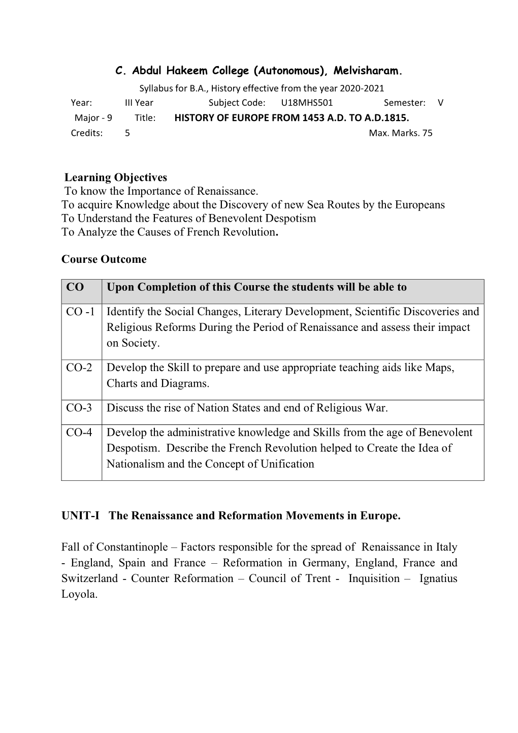 B.A., History Effective from the Year 2020-2021 Year: III Year Subject Code: U18MHS501 Semester: V Major - 9 Title: HISTORY of EUROPE from 1453 A.D