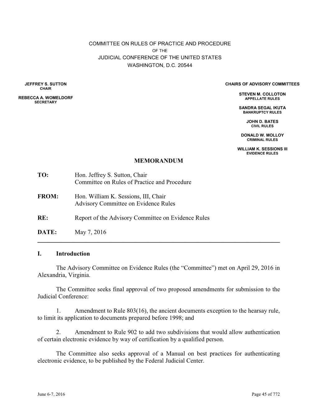 2016-05-07 Evidence Rules Report to the Standing Committee