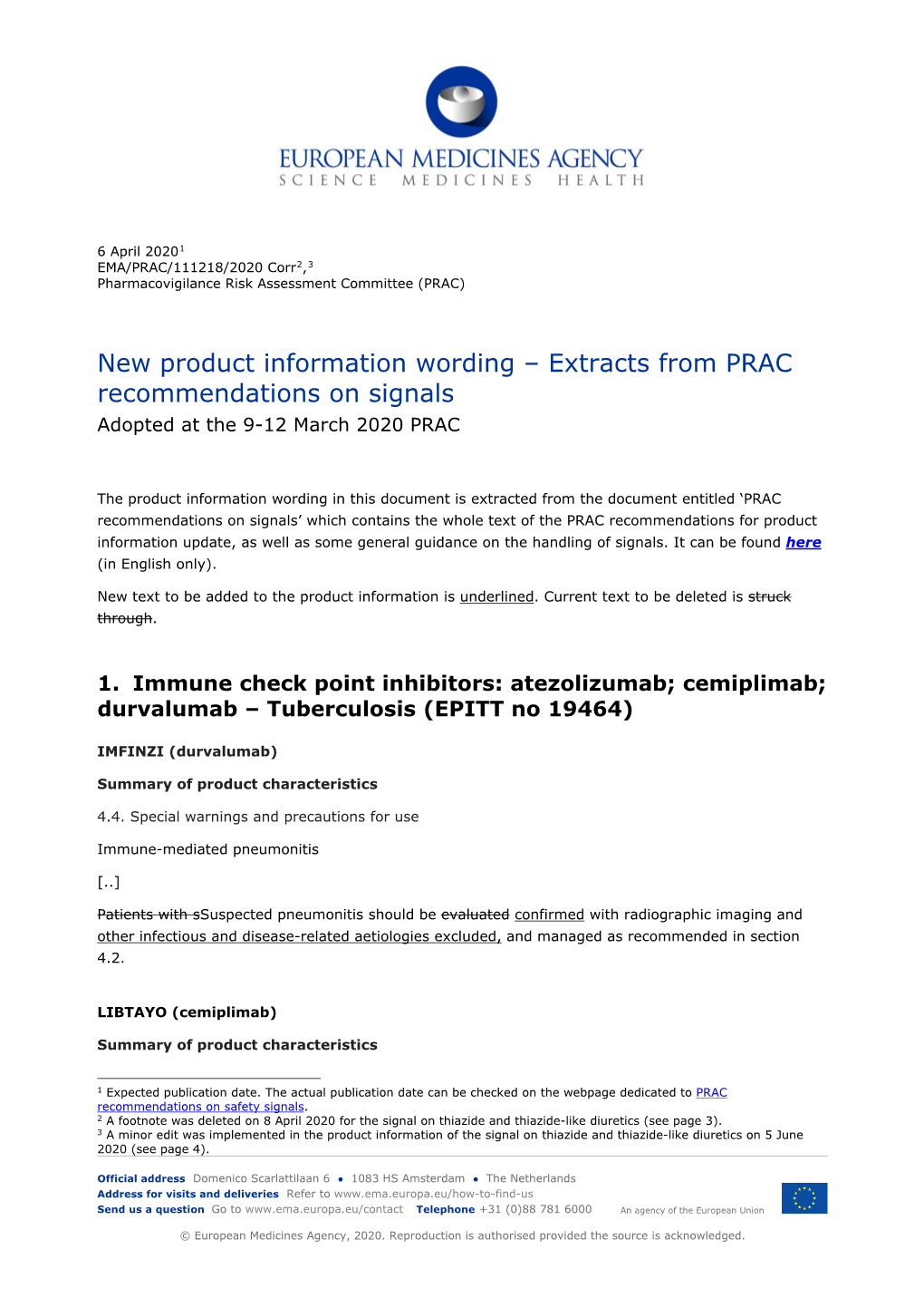 Extracts from PRAC Recommendations on Signals Adopted at the 9-12 March 2020 PRAC