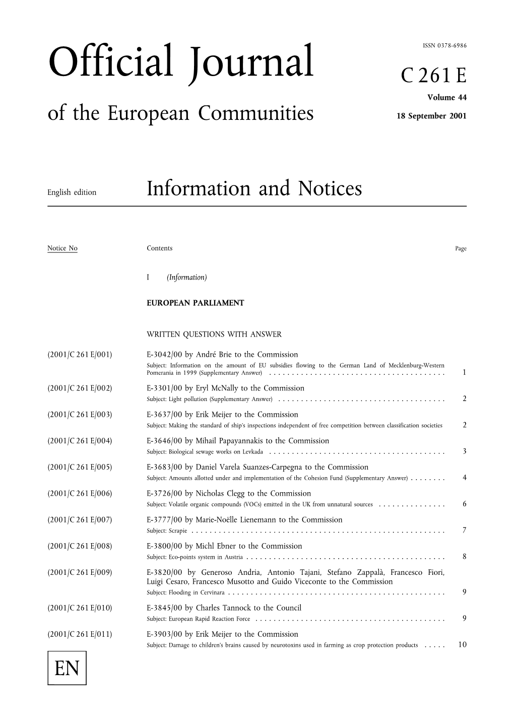 Official Journal C 261 E Volume 44 of the European Communities 18 September 2001