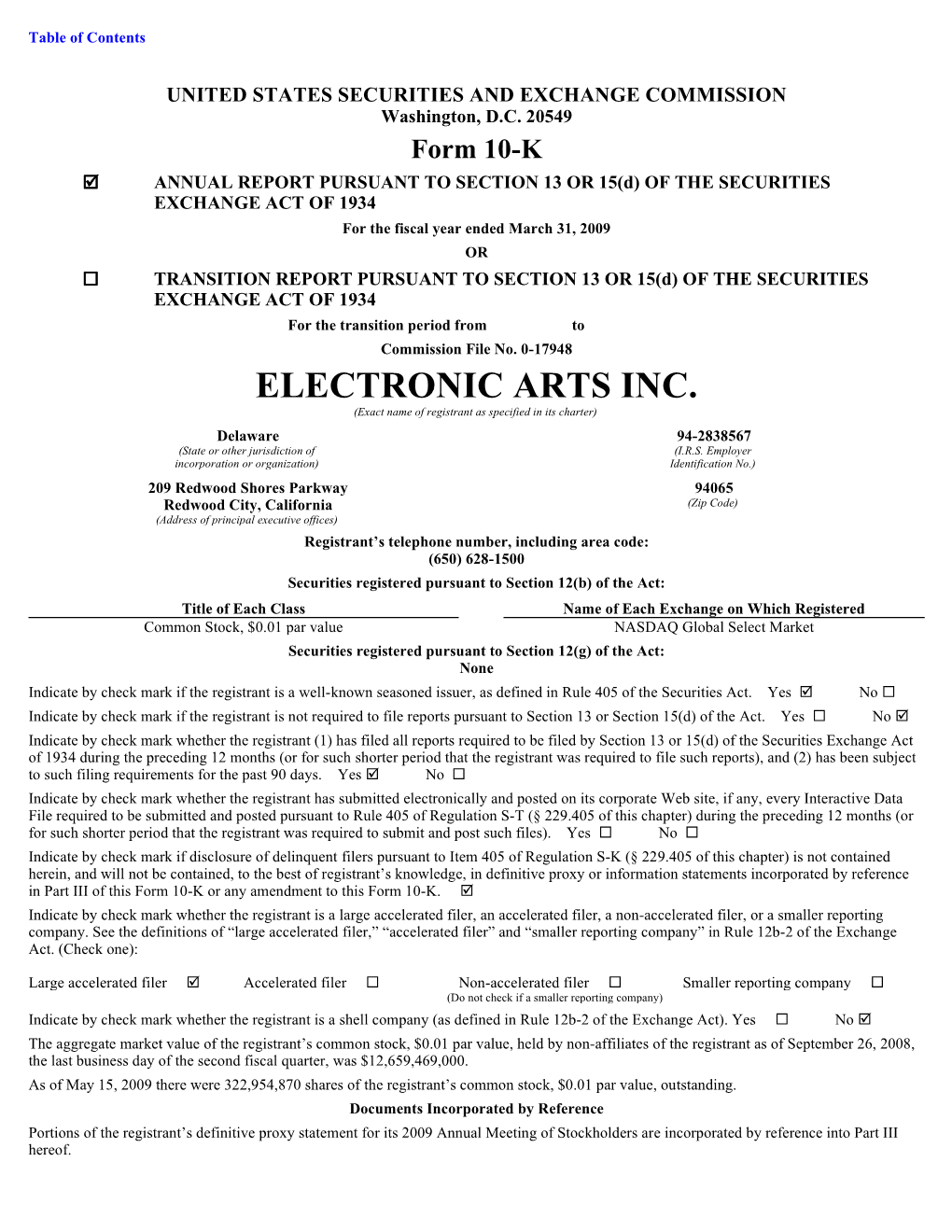 ELECTRONIC ARTS INC. (Exact Name of Registrant As Specified in Its Charter)