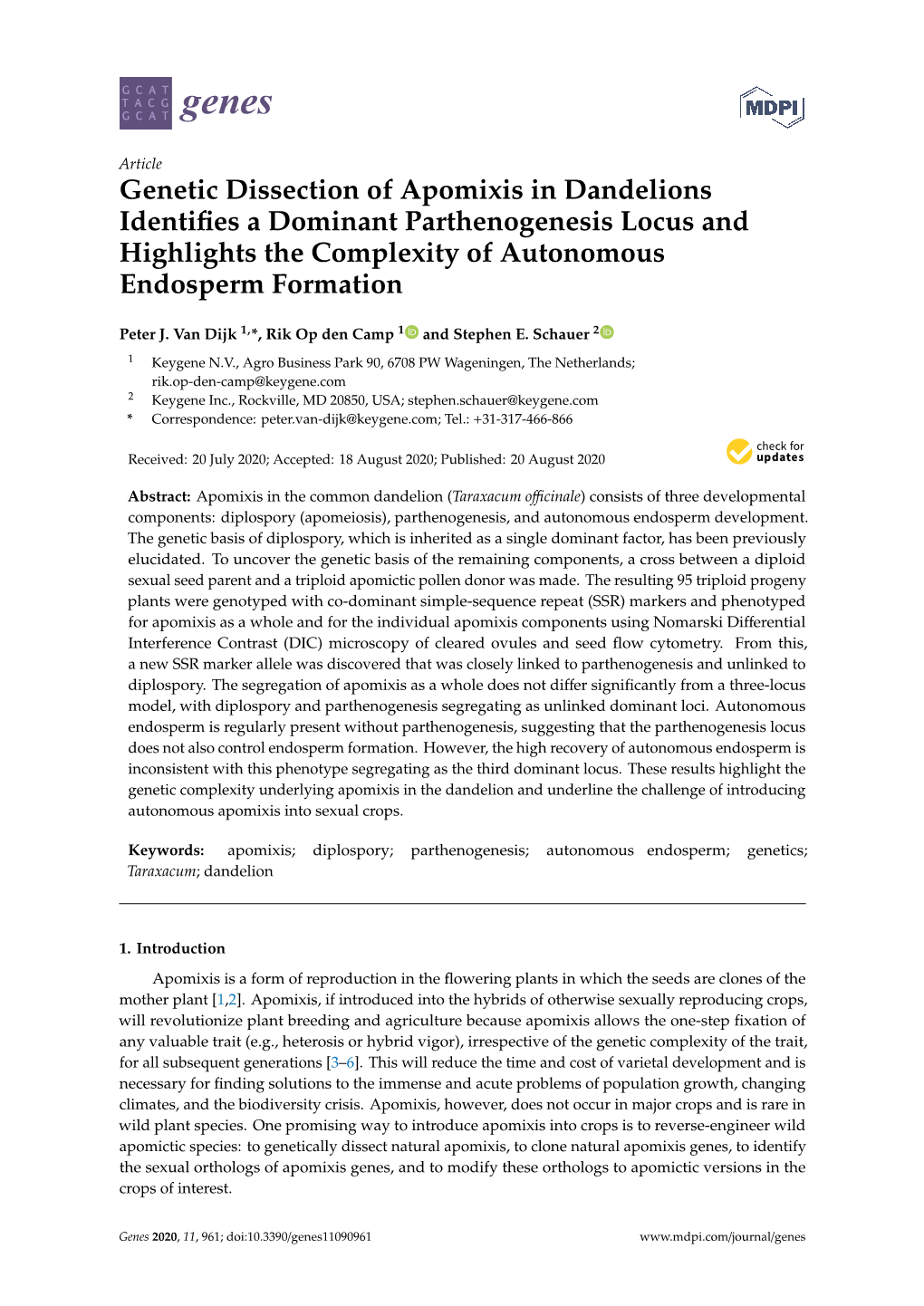 Genetic Dissection of Apomixis in Dandelions Identifies a Dominant