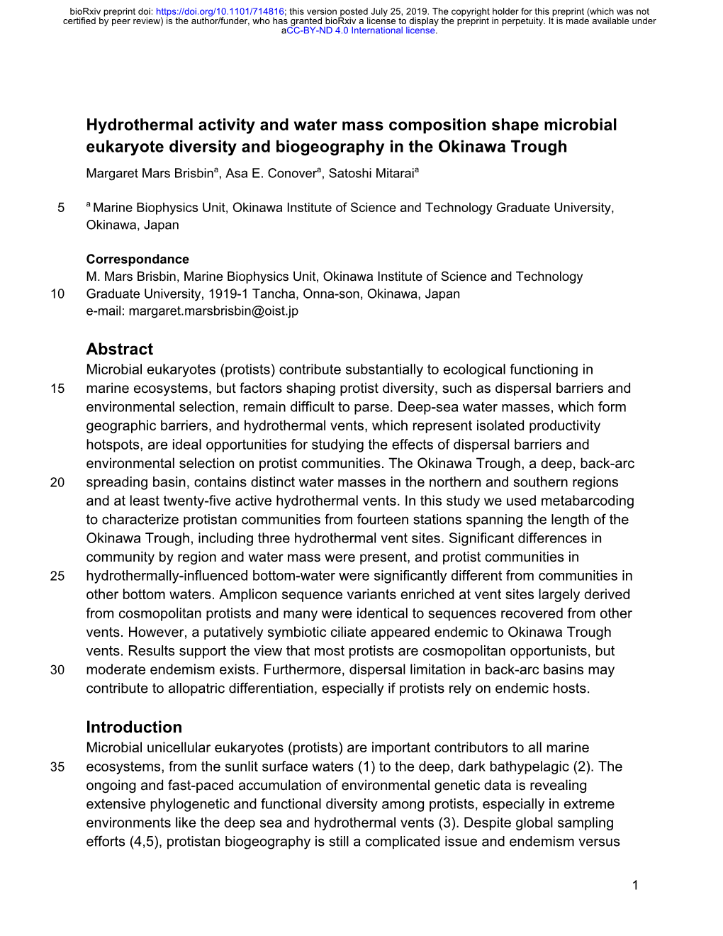 Hydrothermal Activity and Water Mass Composition Shape Microbial Eukaryote Diversity and Biogeography in the Okinawa Trough Margaret Mars Brisbina, Asa E