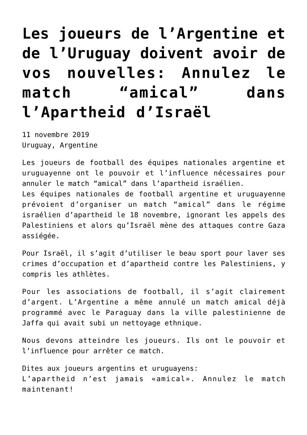 Annulez Le Match “Amical” Dans L’Apartheid D’Israël