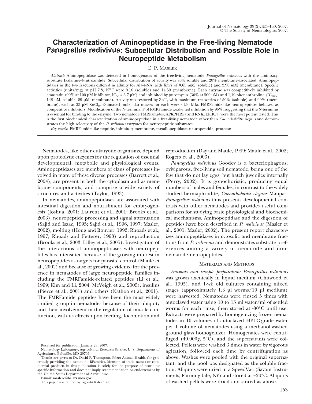 Characterization of Aminopeptidase in the Free-Living Nematode Panagrellus Redivivus: Subcellular Distribution and Possible Role in Neuropeptide Metabolism E