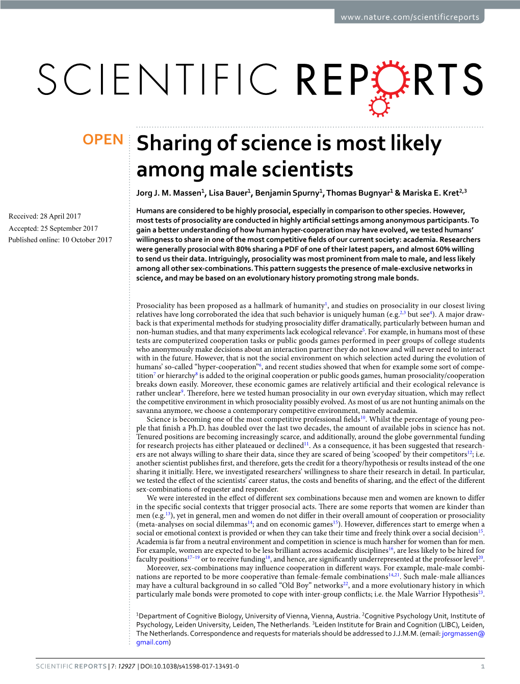 Sharing of Science Is Most Likely Among Male Scientists Jorg J