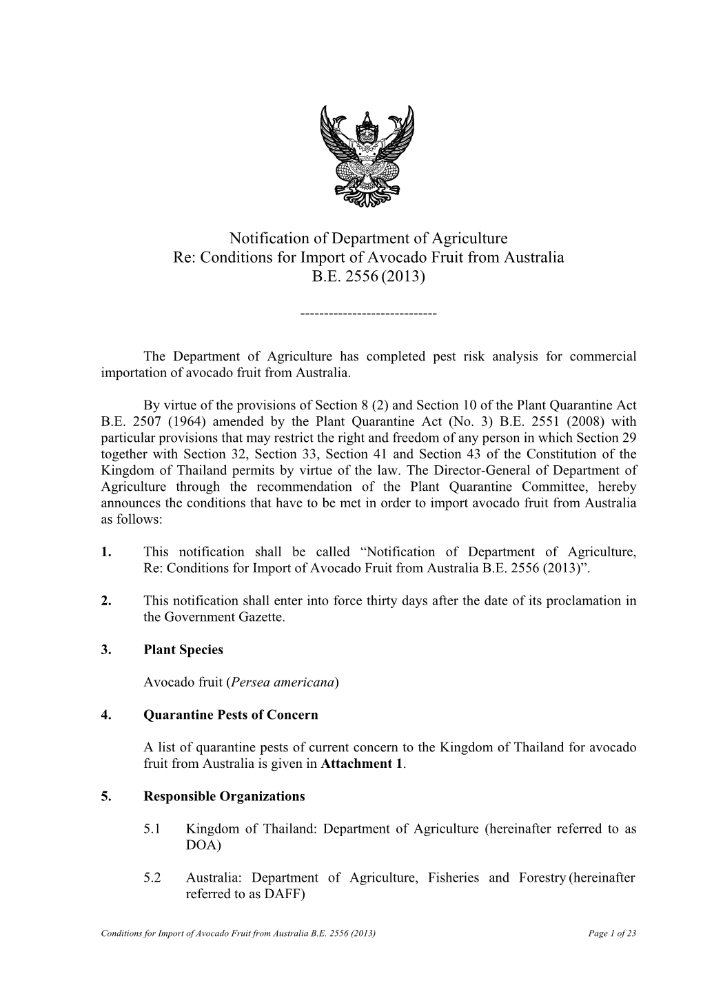 Conditions for Import of Avocado Fruit from Australia BE 2556