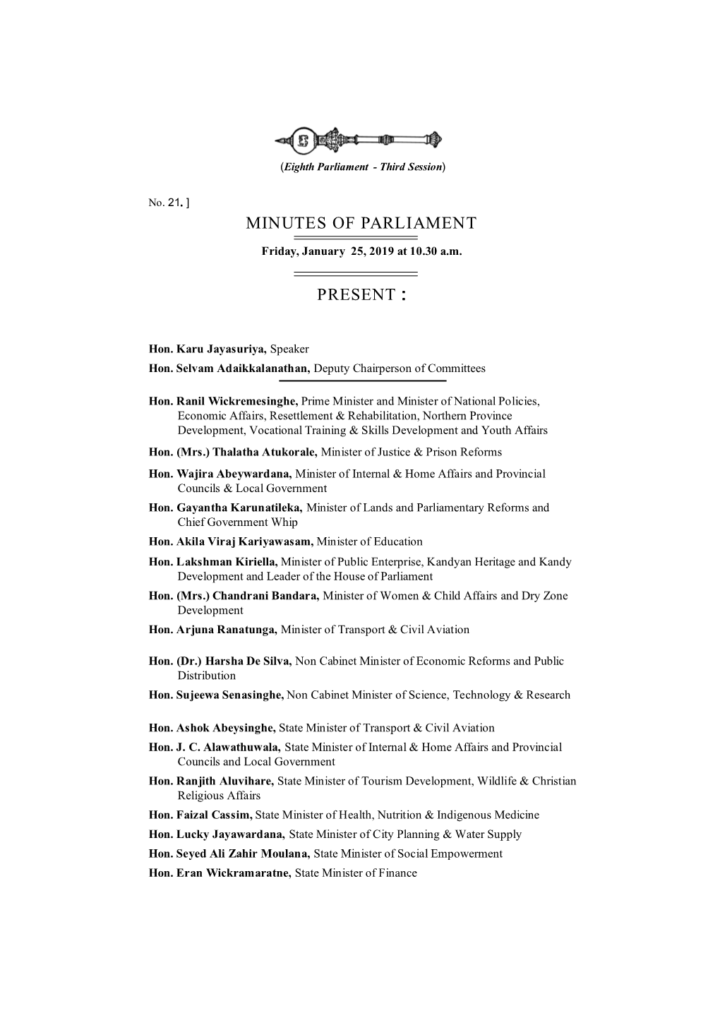 Minutes of Parliament for 25.01.2019