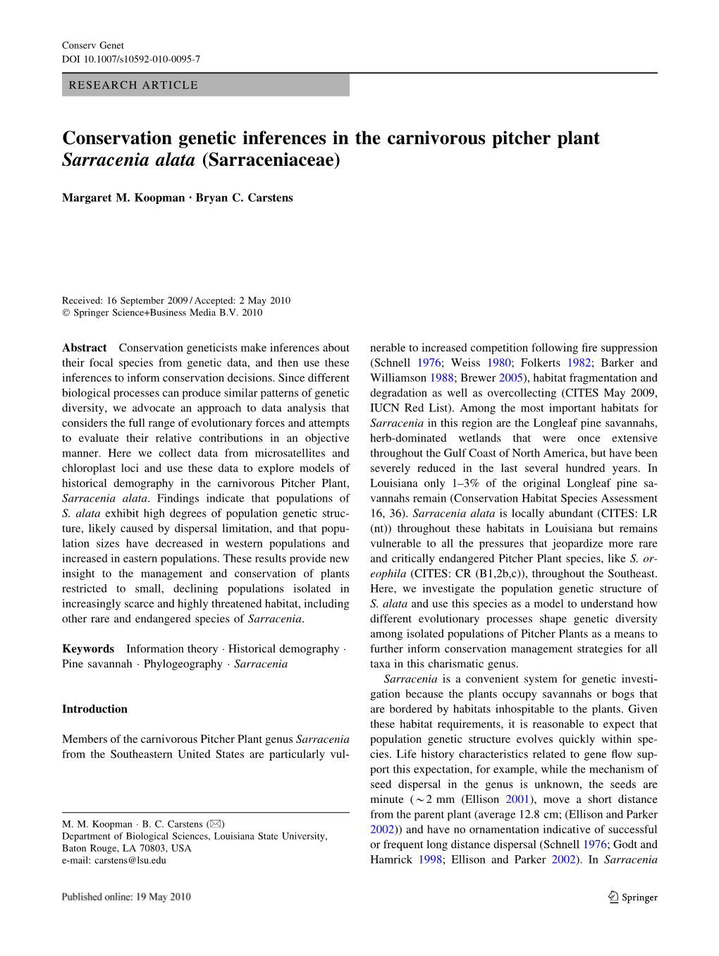 Conservation Genetic Inferences in the Carnivorous Pitcher Plant Sarracenia Alata (Sarraceniaceae)