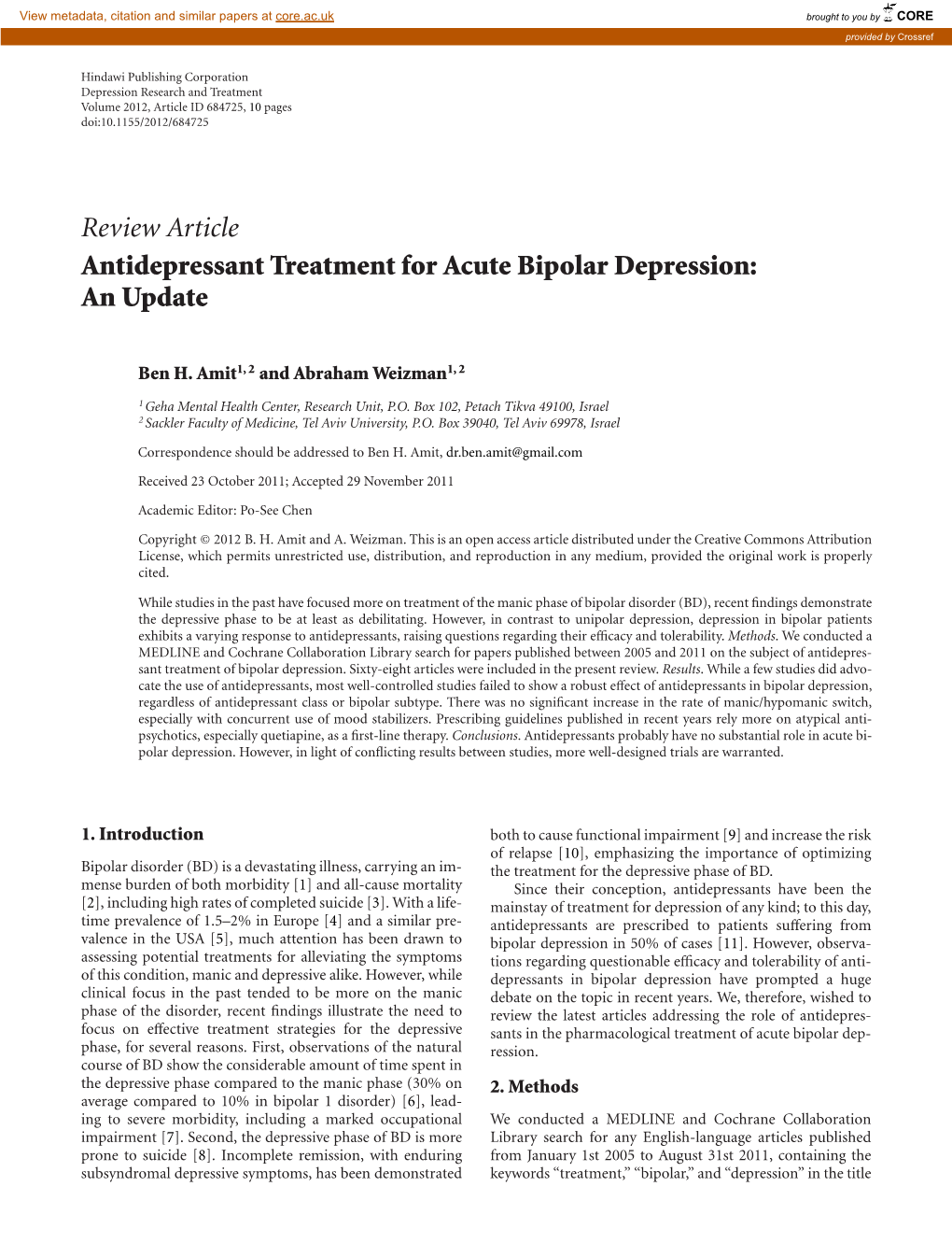 Review Article Antidepressant Treatment for Acute Bipolar Depression: an Update