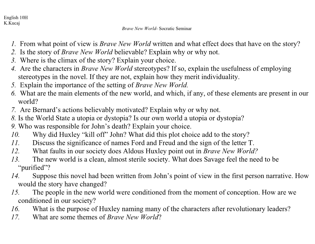 Brave New World- Socratic Seminar