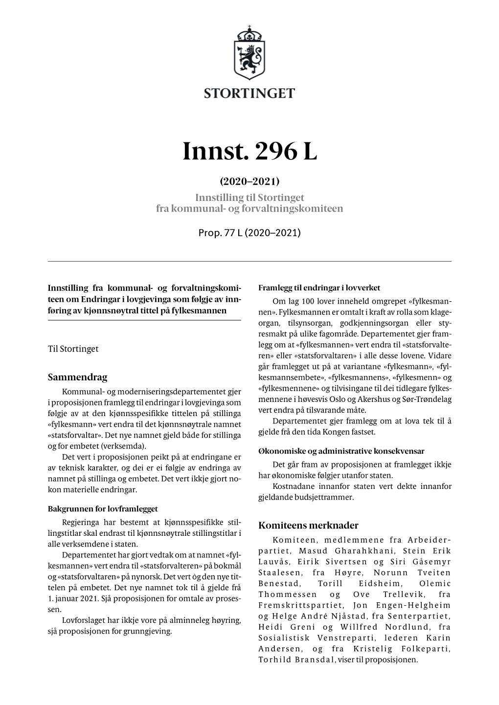 Innst. 296 L (2020–2021) Innstilling Til Stortinget Fra Kommunal- Og Forvaltningskomiteen