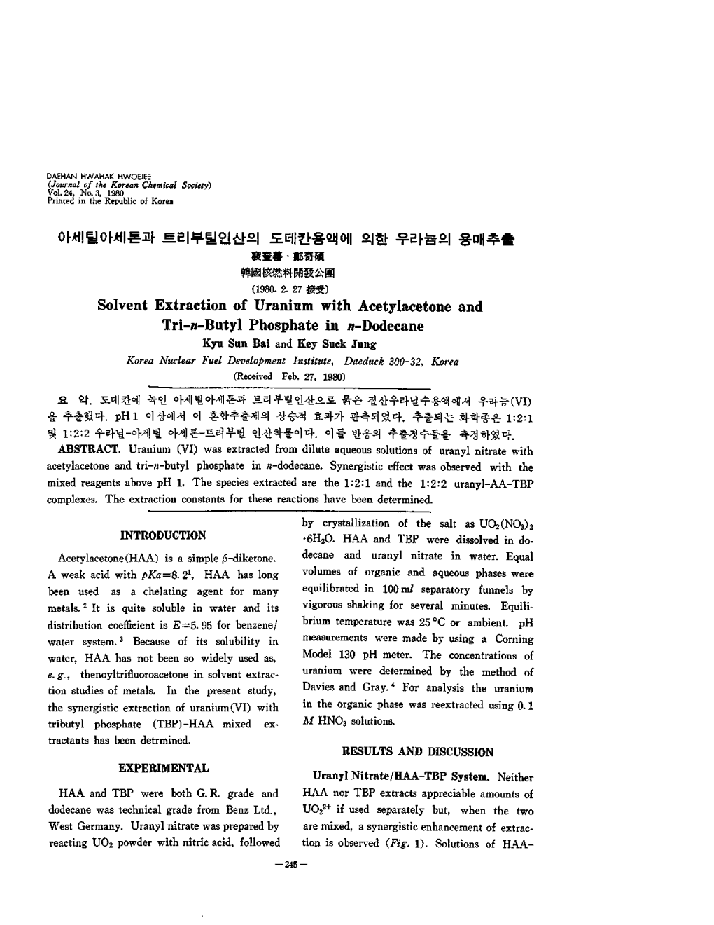 Solvent Extraction of Uranium with Acetylacetone and Tri-N-Butyl