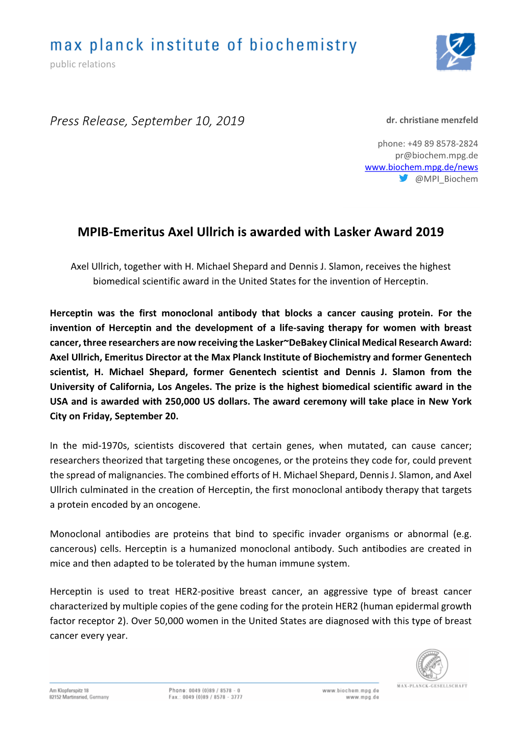 Press Release, September 10, 2019 MPIB-Emeritus Axel Ullrich Is
