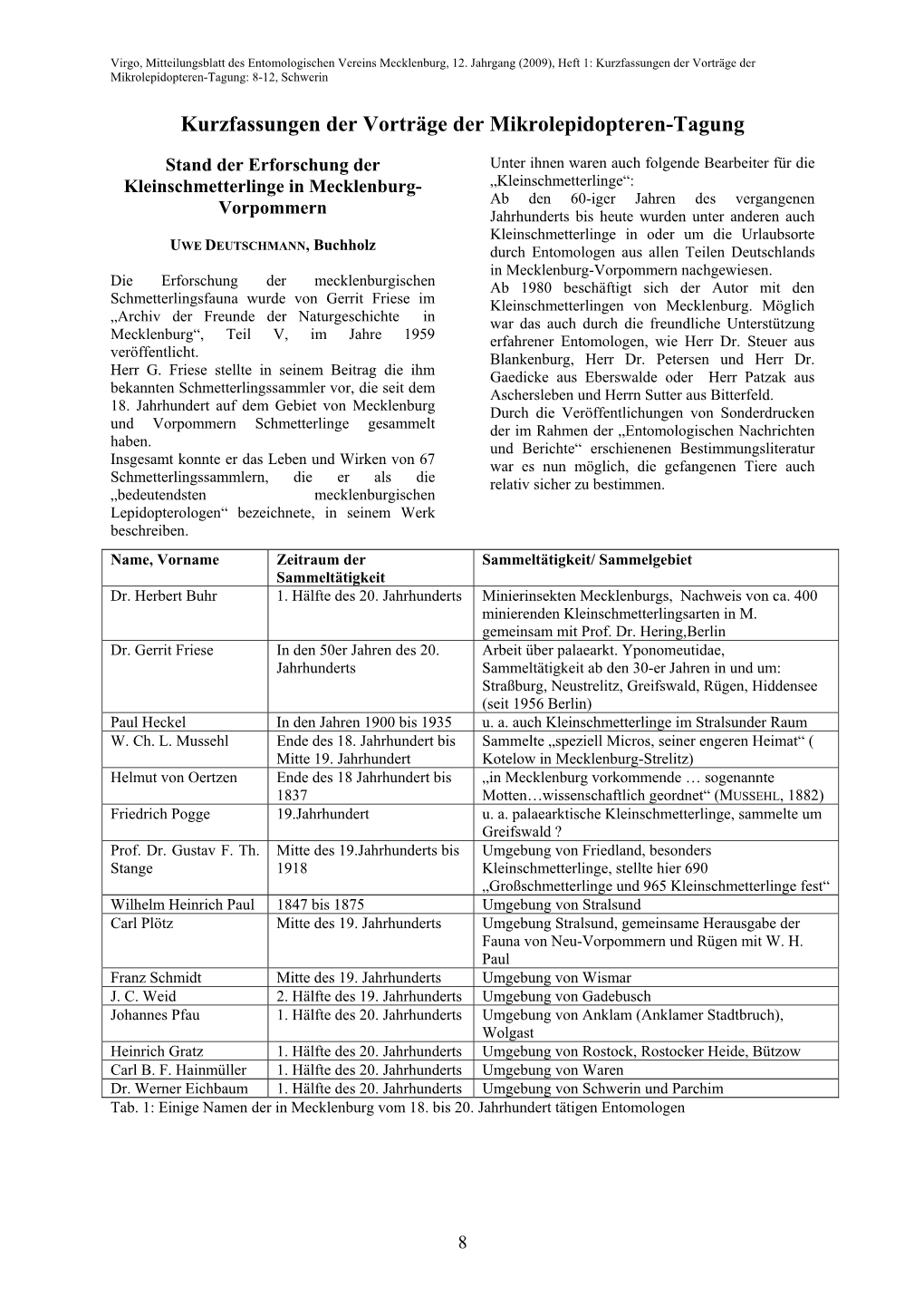 Kurzfassungen Der Vorträge Der Mikrolepidopteren-Tagung: 8-12, Schwerin