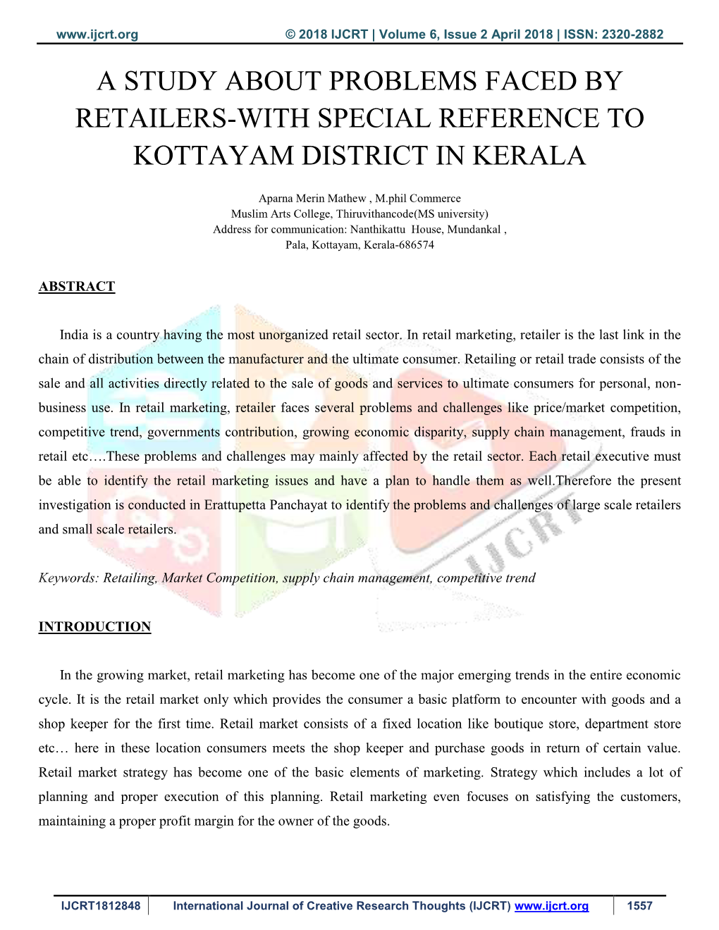 A Study About Problems Faced by Retailers-With Special Reference to Kottayam District in Kerala