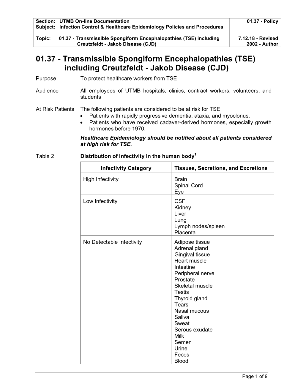 Transmissible Spongiform Encephalopathies (TSE) Including 7.12.18 - Revised Creutzfeldt - Jakob Disease (CJD) 2002 - Author