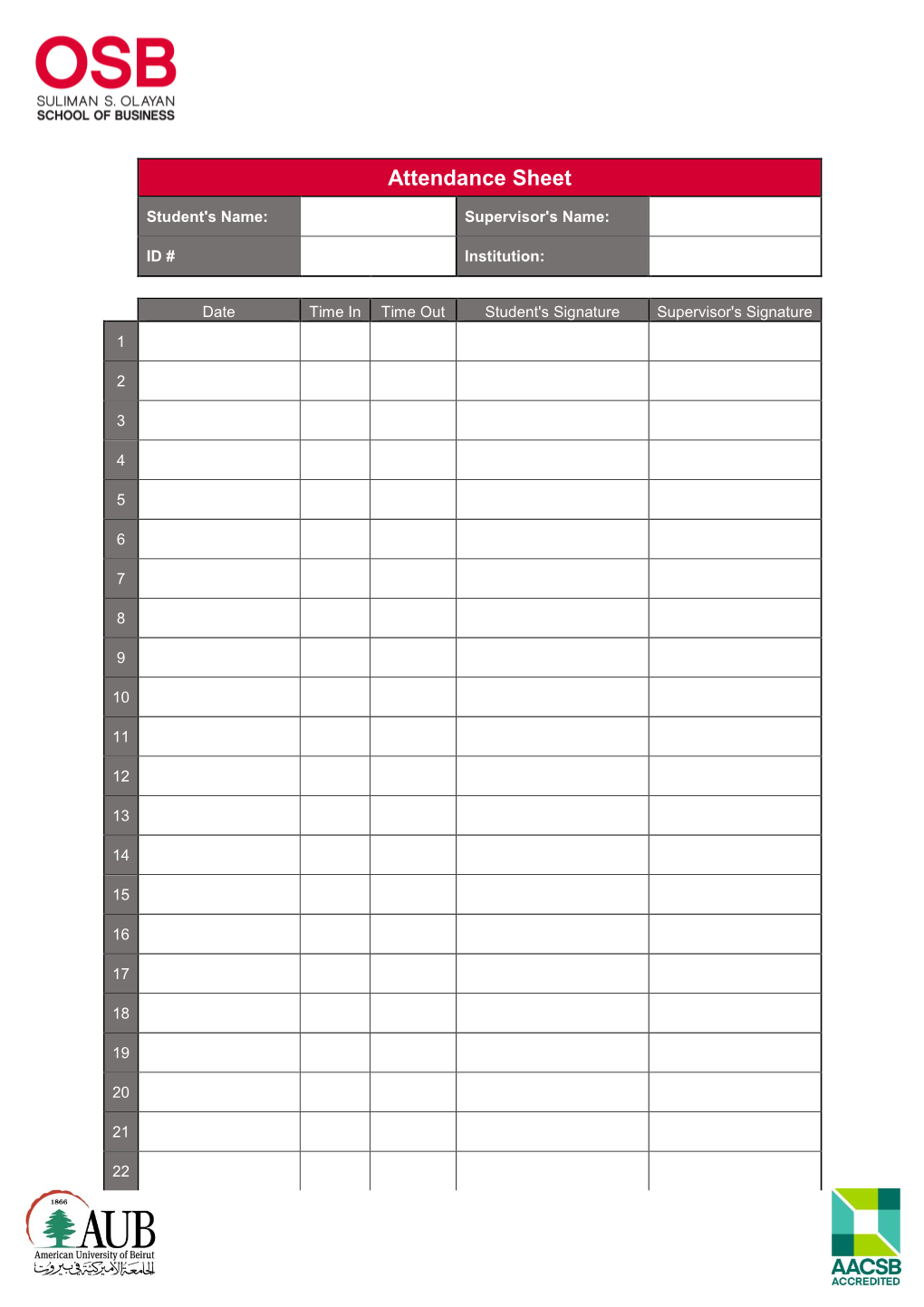 Attendance Sheet Student's Name: Supervisor's Name