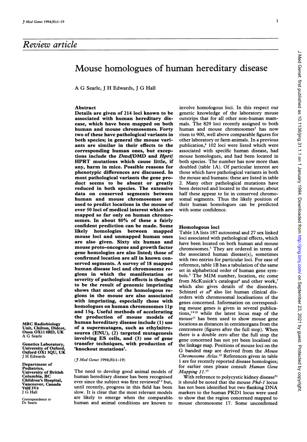 Review Article Mouse Homologues of Human Hereditary Disease