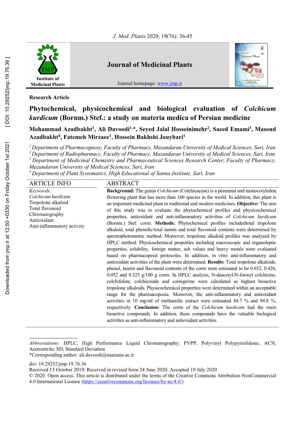 Phytochemical, Physicochemical and Biological Evaluation of Colchicum Kurdicum