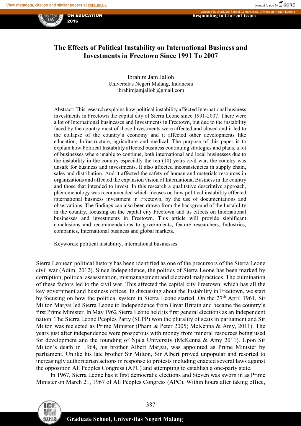 The Effects of Political Instability on International Business and Investments in Freetown Since 1991 to 2007