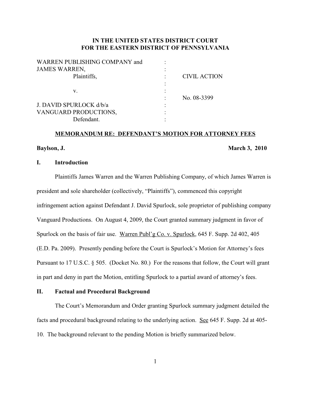 1 in the UNITED STATES DISTRICT COURT for the EASTERN DISTRICT of PENNSYLVANIA WARREN PUBLISHING COMPANY and : JAMES WARREN