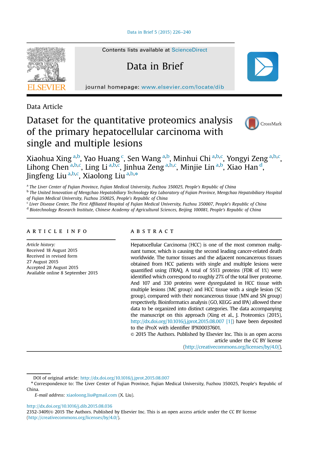 Dataset for the Quantitative Proteomics Analysis of the Primary Hepatocellular Carcinoma with Single and Multiple Lesions