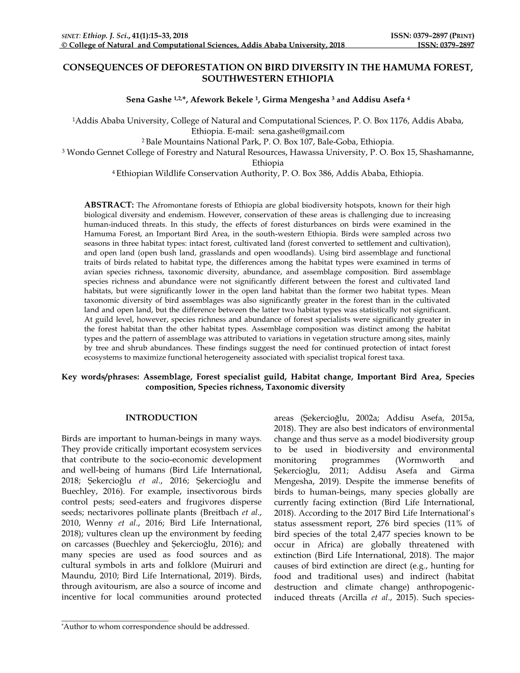 Consequences of Deforestation on Bird Diversity in the Hamuma Forest, Southwestern Ethiopia