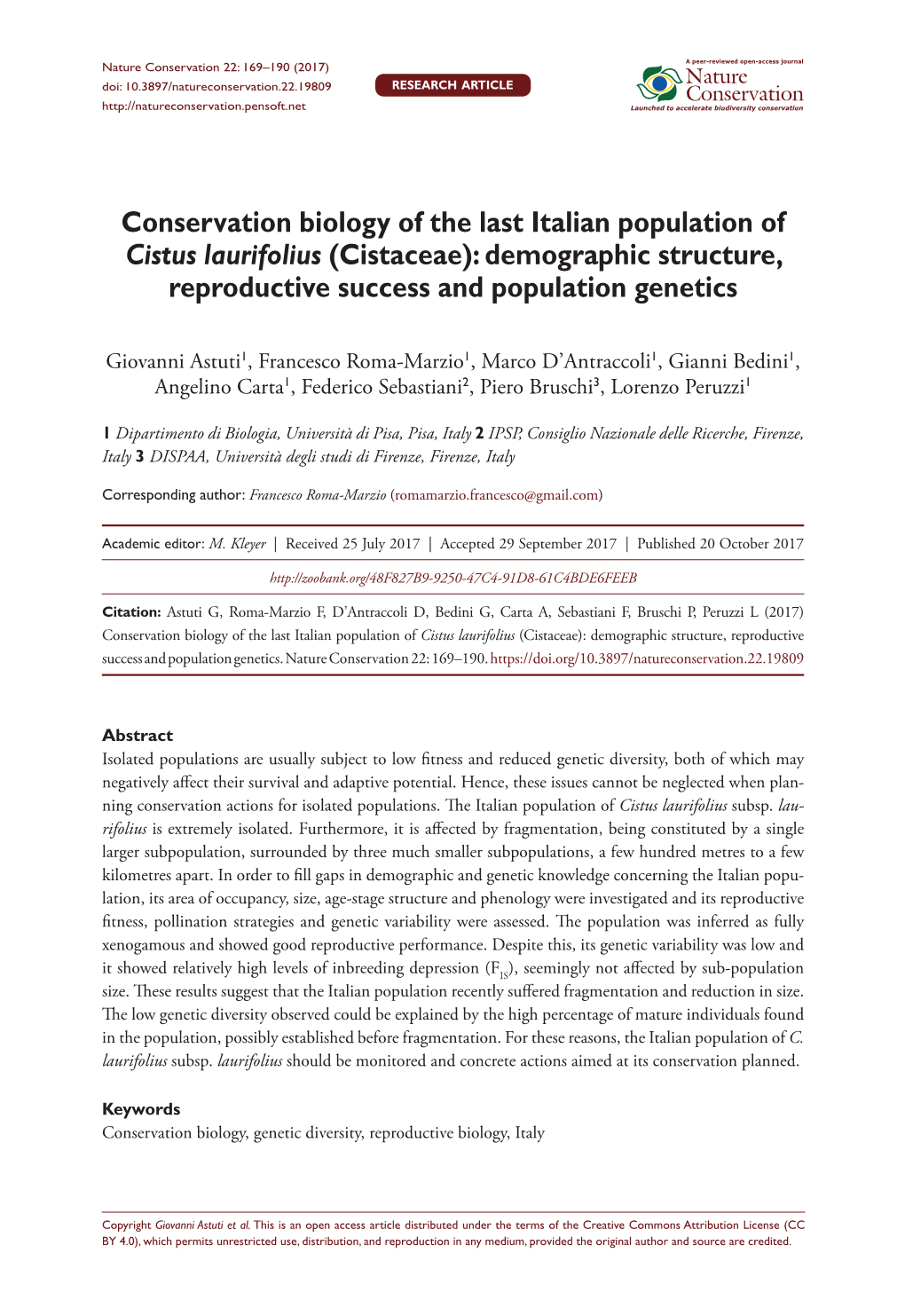 Conservation Biology of the Last Italian Population of Cistus Laurifolius (Cistaceae): Demographic Structure, Reproductive Success and Population Genetics
