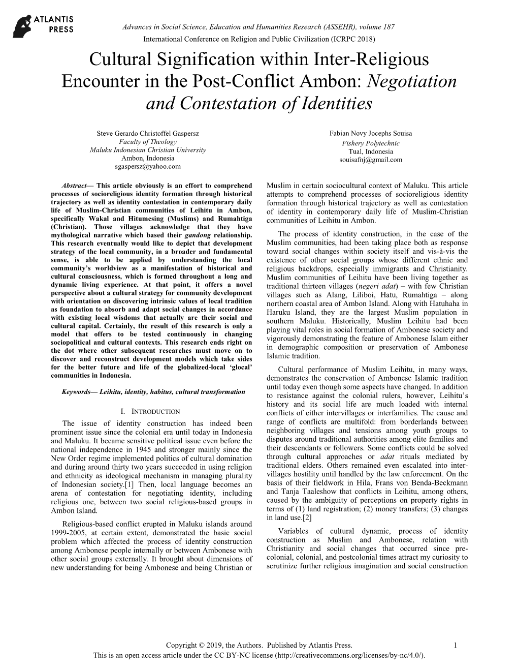 Cultural Signification Within Inter-Religious Encounter in the Post-Conflict Ambon: Negotiation and Contestation of Identities