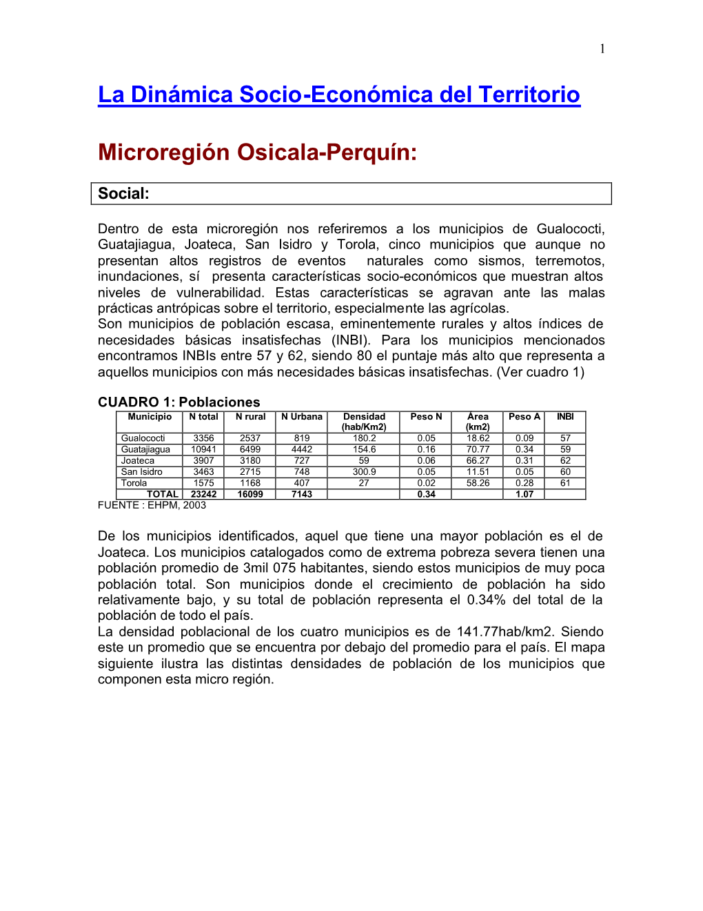 La Dinámica Socio-Económica Del Territorio Microregión Osicala-Perquín