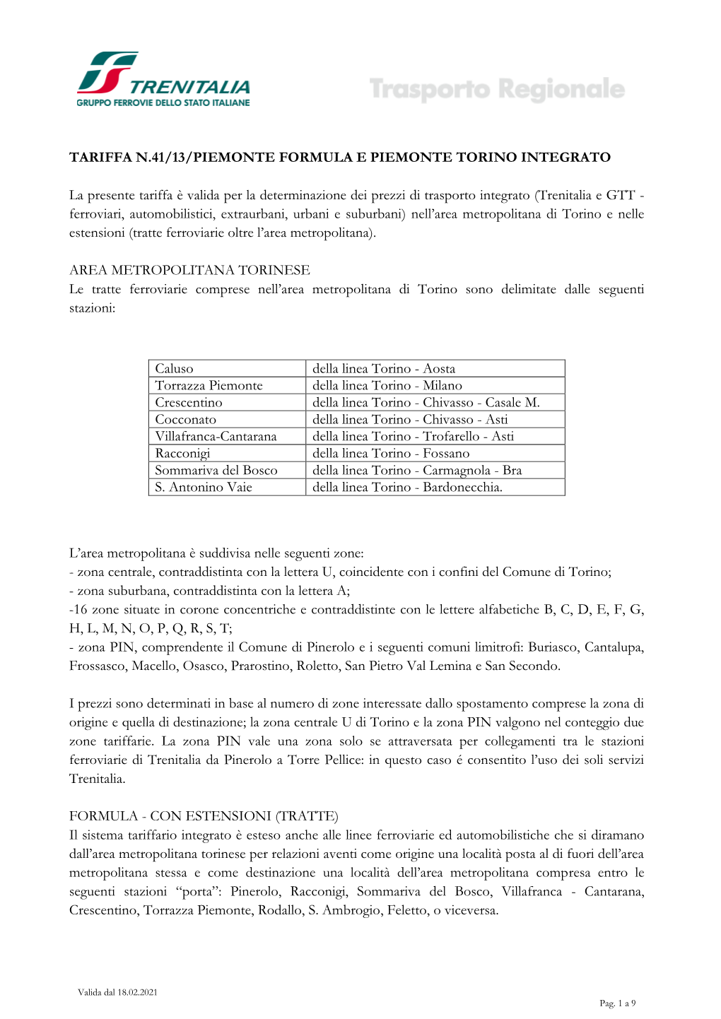 Tariffa 41/13 Piemonte Formula E Piemonte Torino Integrato