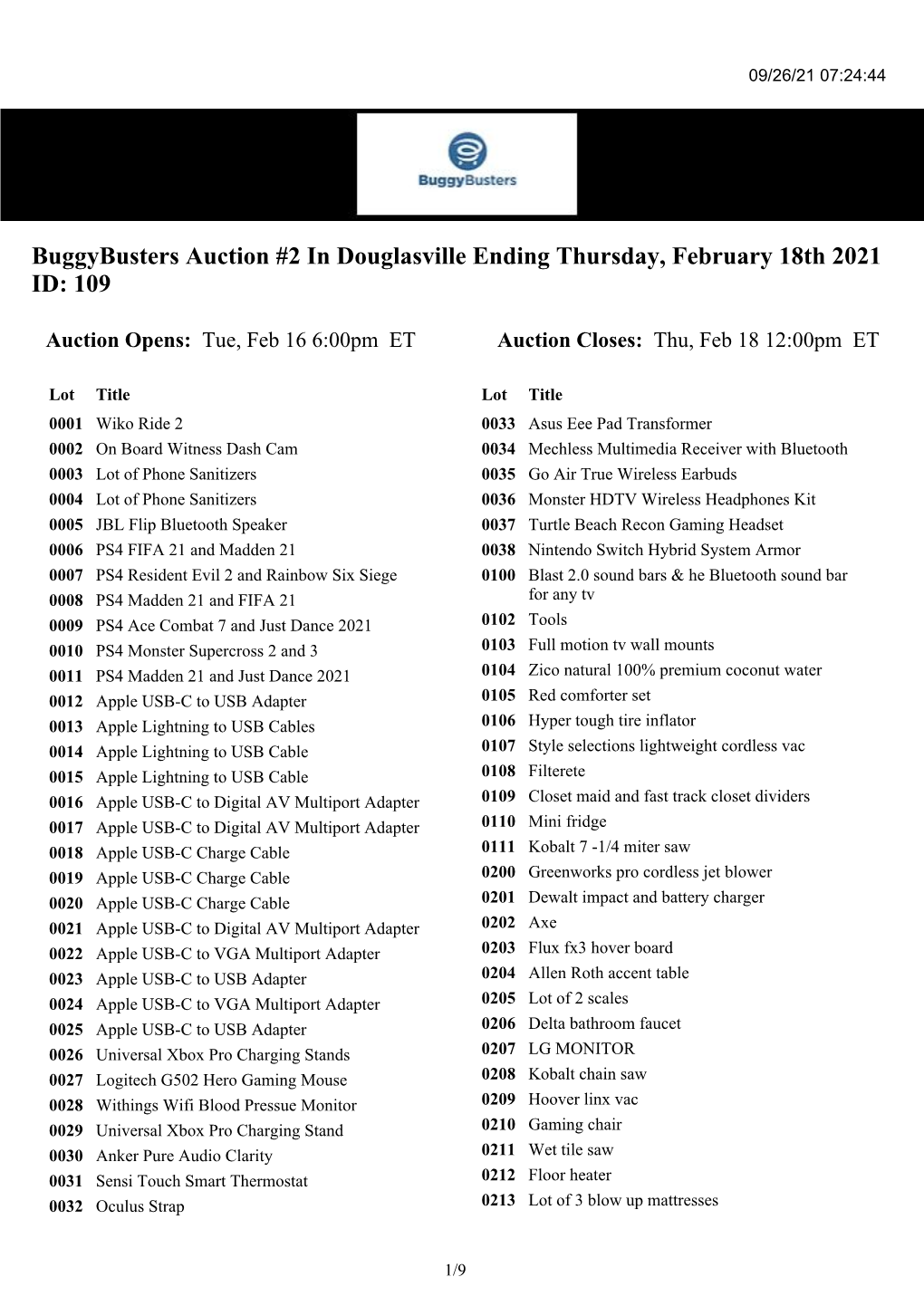 Buggybusters Auction #2 in Douglasville Ending Thursday, February 18Th 2021 ID: 109