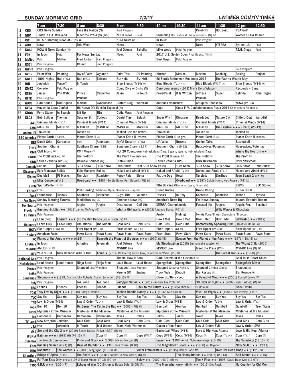 Sunday Morning Grid 7/2/17 Latimes.Com/Tv Times