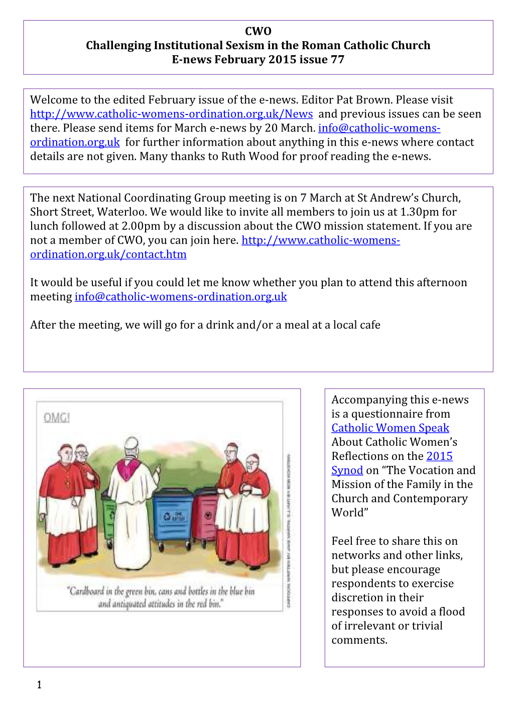 CWO Challenging Institutional Sexism in the Roman Catholic Church E-News February 2015 Issue 77