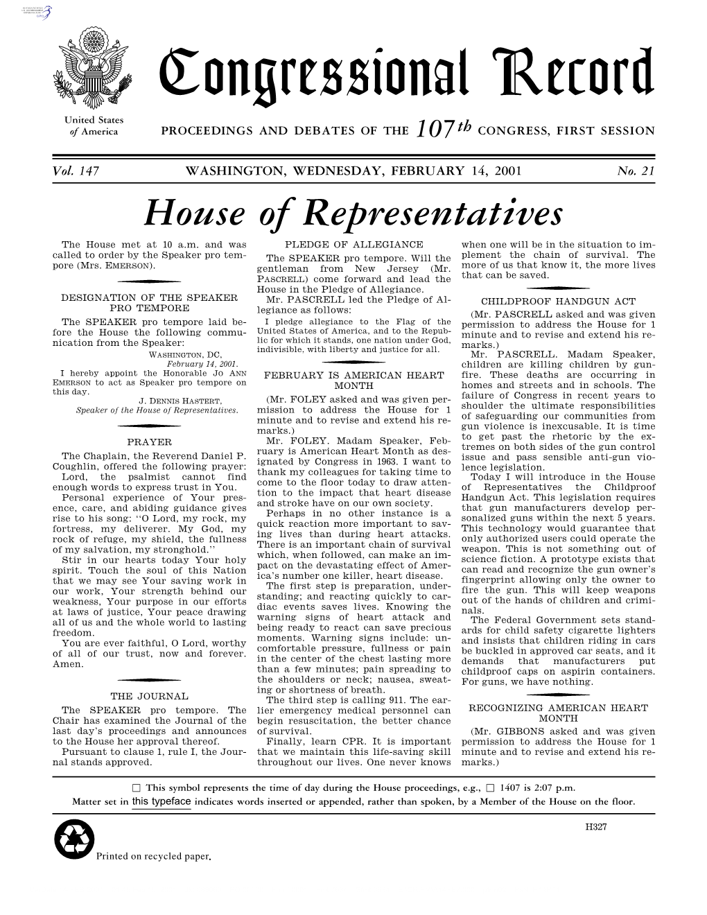 Congressional Record United States of America PROCEEDINGS and DEBATES of the 107Th CONGRESS, FIRST SESSION