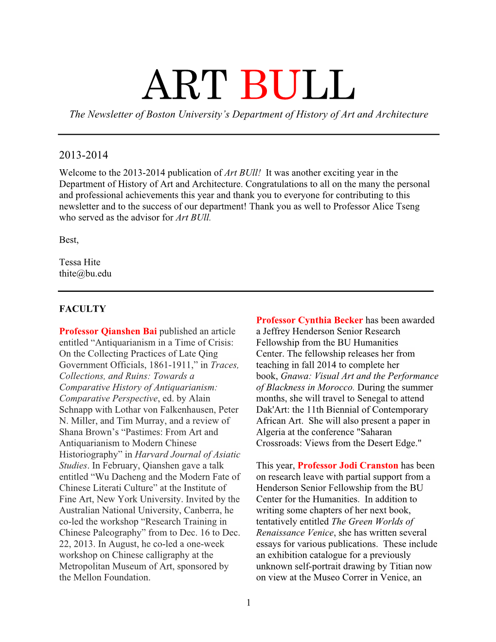ART BULL the Newsletter of Boston University’S Department of History of Art and Architecture