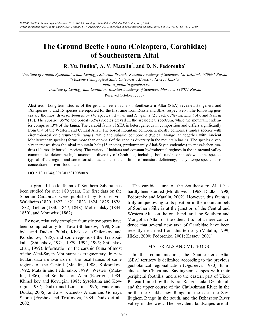 The Ground Beetle Fauna (Coleoptera, Carabidae) of Southeastern Altai R