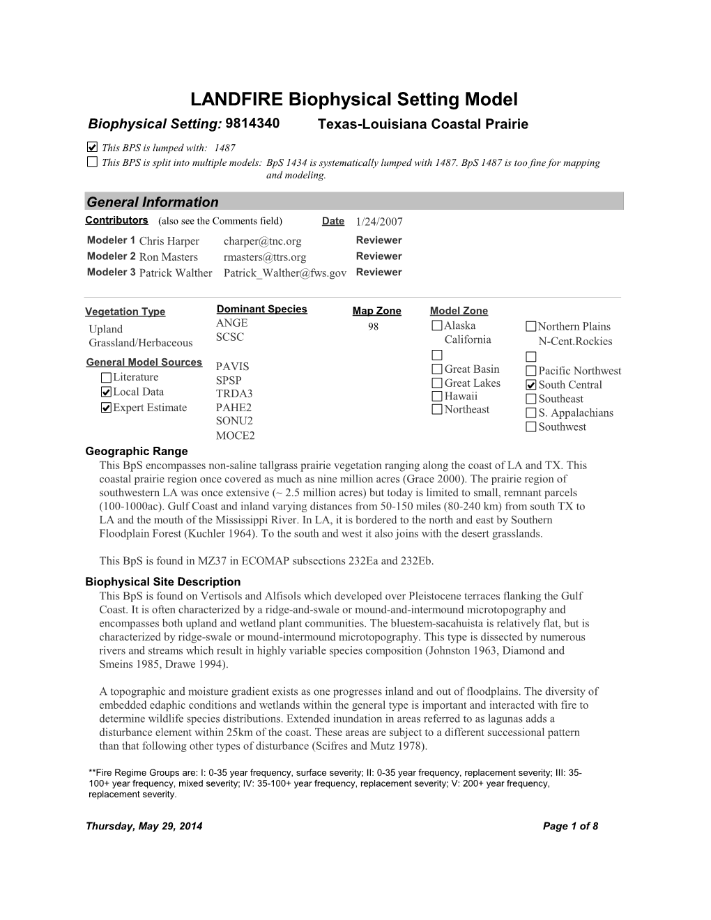 LANDFIRE Biophysical Setting Model Biophysical Setting: 9814340 Texas-Louisiana Coastal Prairie