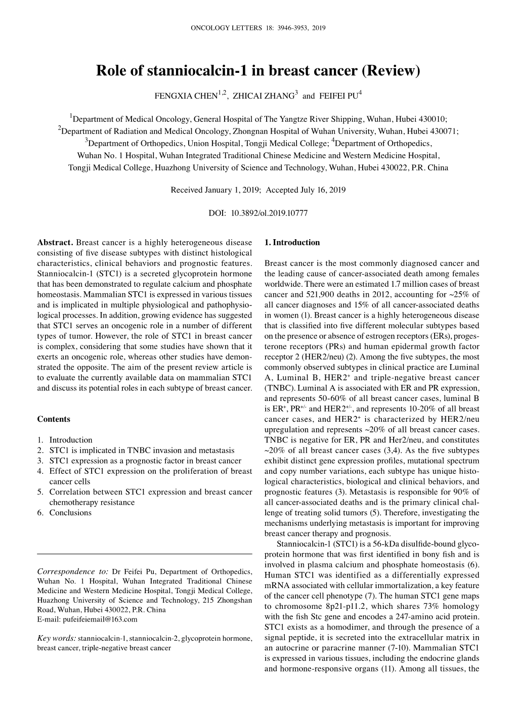 Role of Stanniocalcin‑1 in Breast Cancer (Review)