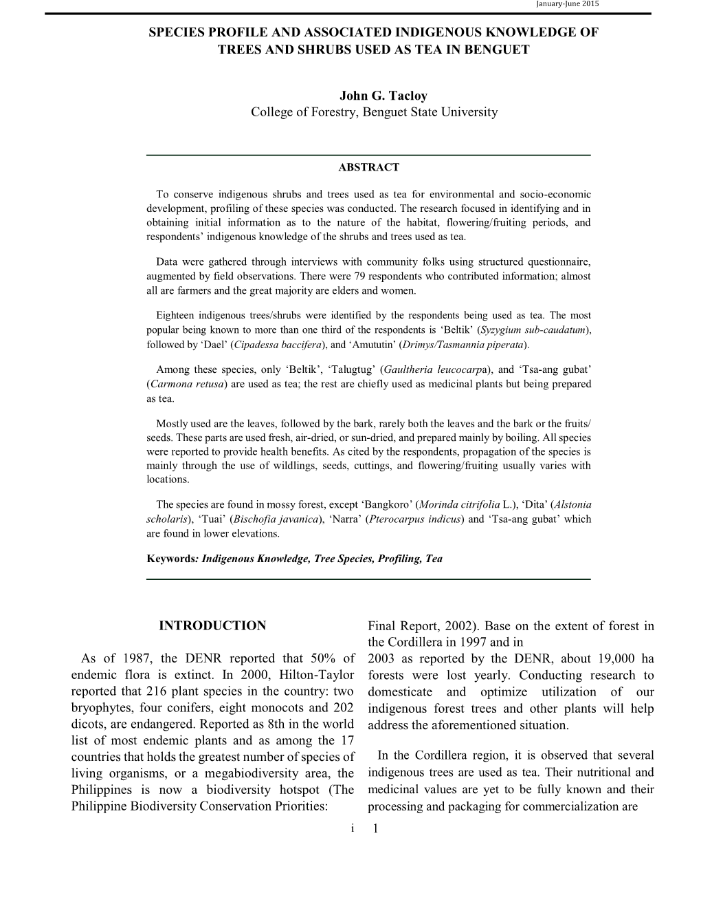 Species Profile and Associated Indigenous Knowledge of Trees and Shrubs Used As Tea in Benguet