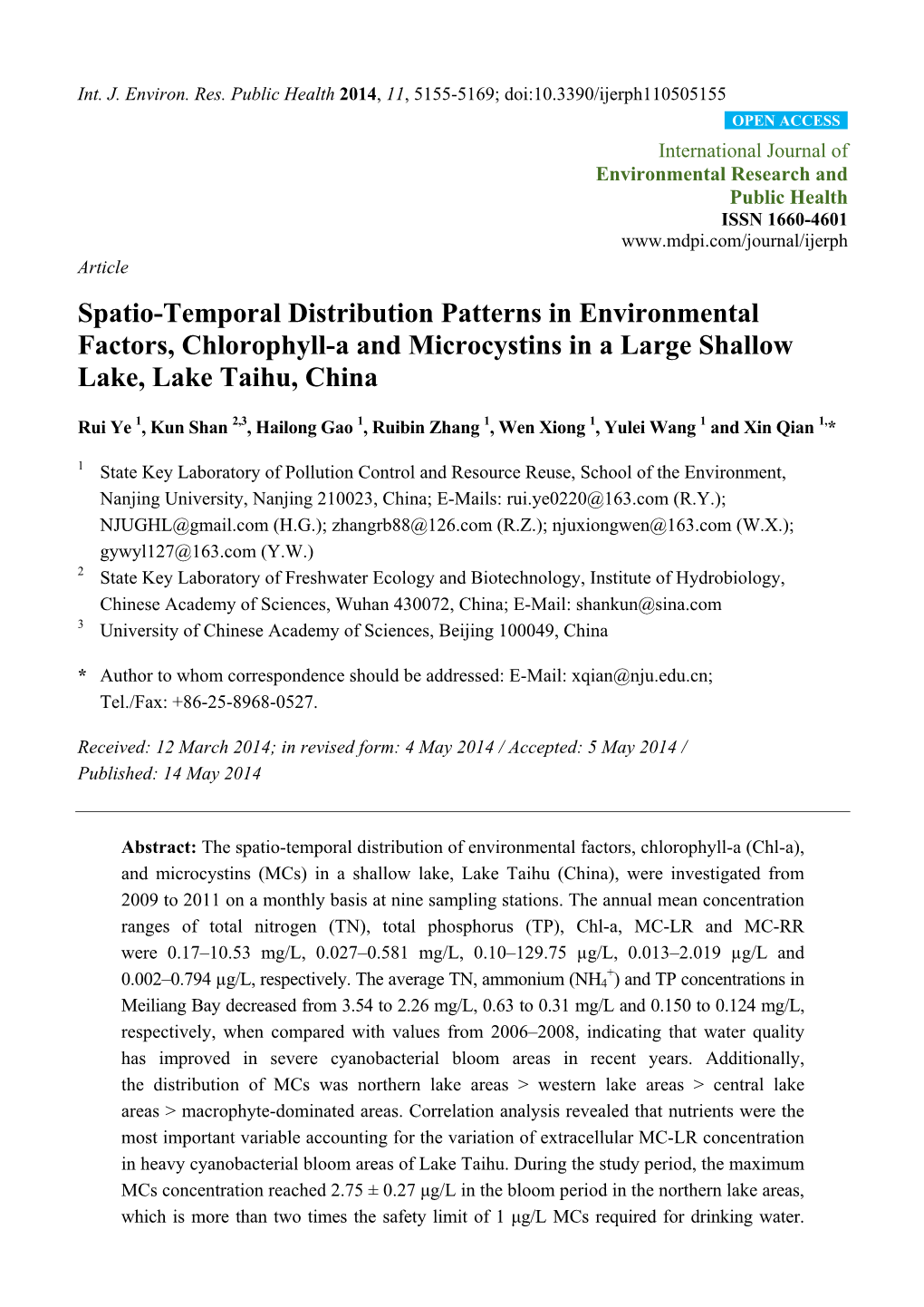 Spatio-Temporal Distribution Patterns in Environmental Factors, Chlorophyll-A and Microcystins in a Large Shallow Lake, Lake Taihu, China