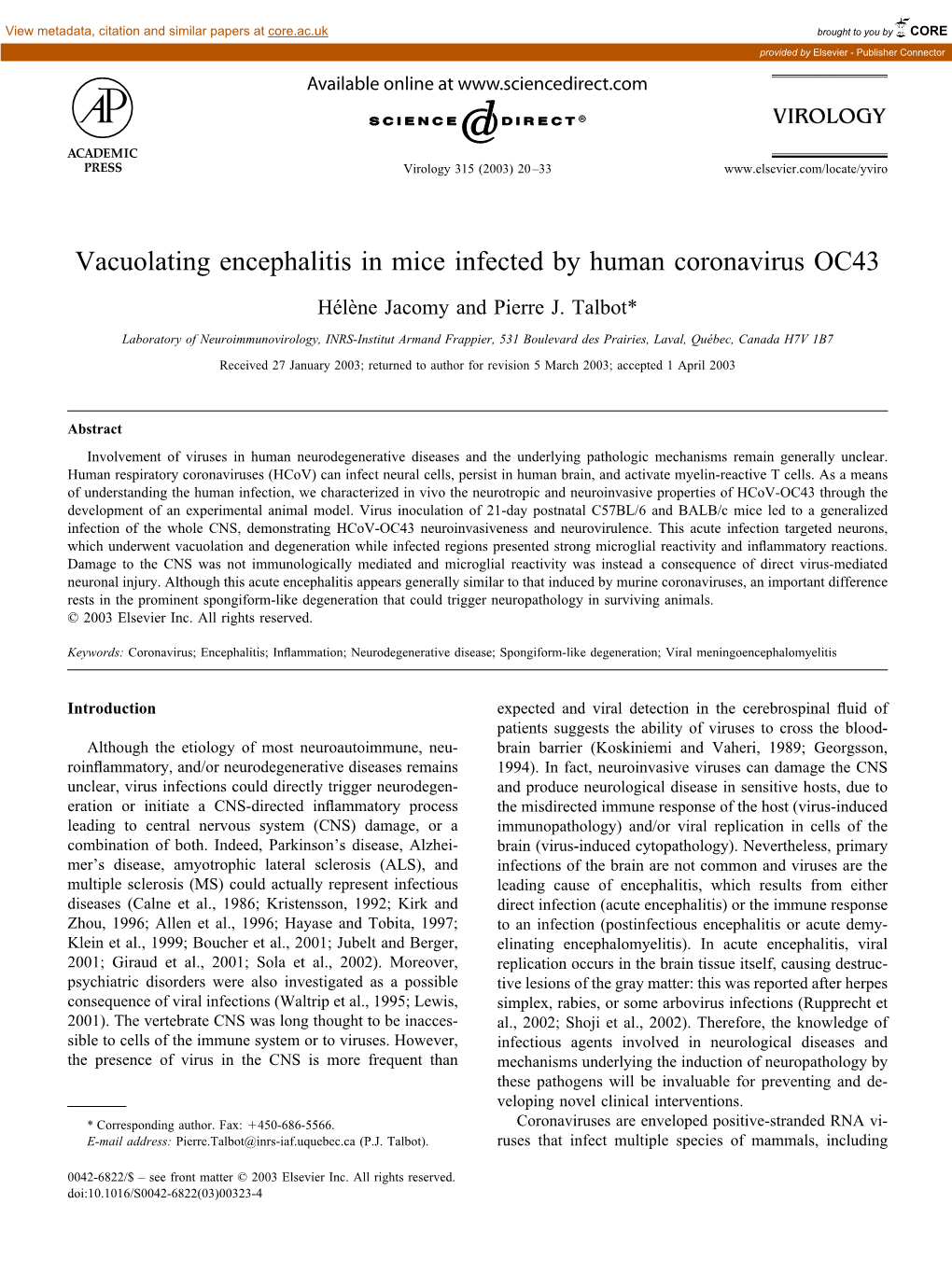 Vacuolating Encephalitis in Mice Infected by Human Coronavirus OC43