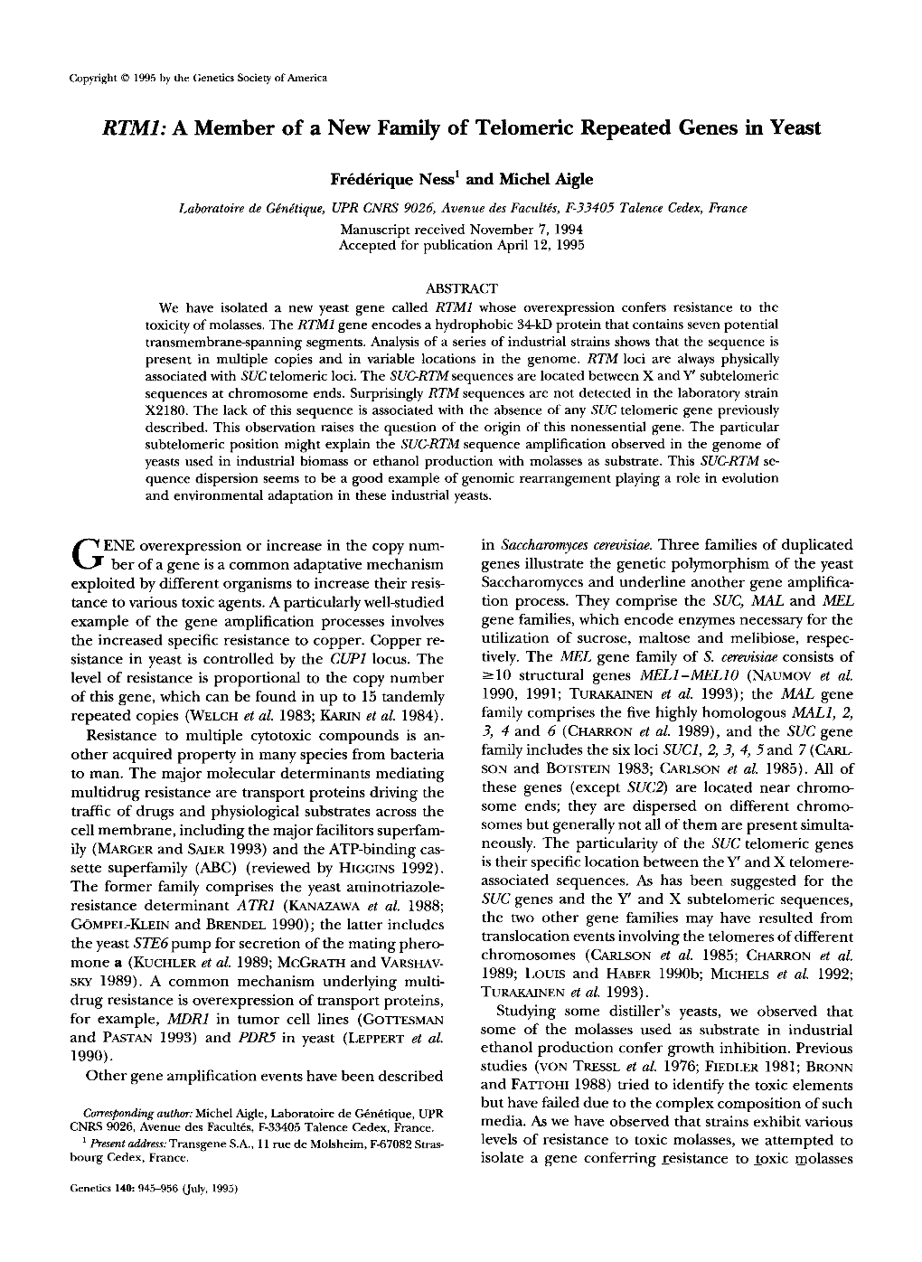 A Member of a New Family of Telomeric Repeated Genesin Yeast