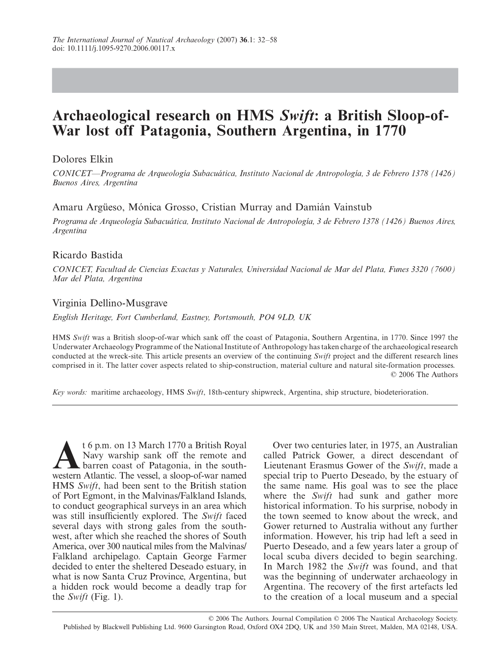 Archaeological Research on HMS Swift: a British Sloop-Of- War Lost Off Patagonia, Southern Argentina, in 1770