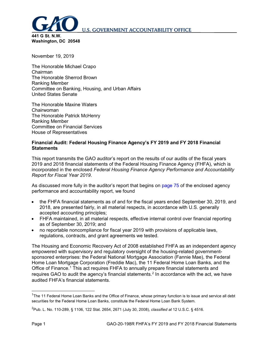 Federal Housing Finance Agency's FY 2019 and FY 2018 Financial