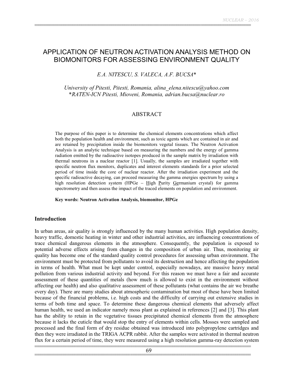 Application of Neutron Activation Analysis Method on Biomonitors for Assessing Environment Quality