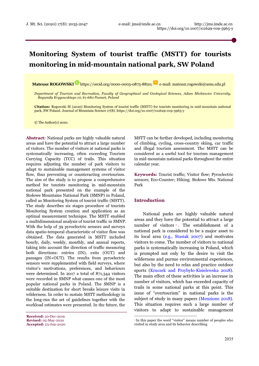 (MSTT) for Tourists Monitoring in Mid-Mountain National Park, SW Poland